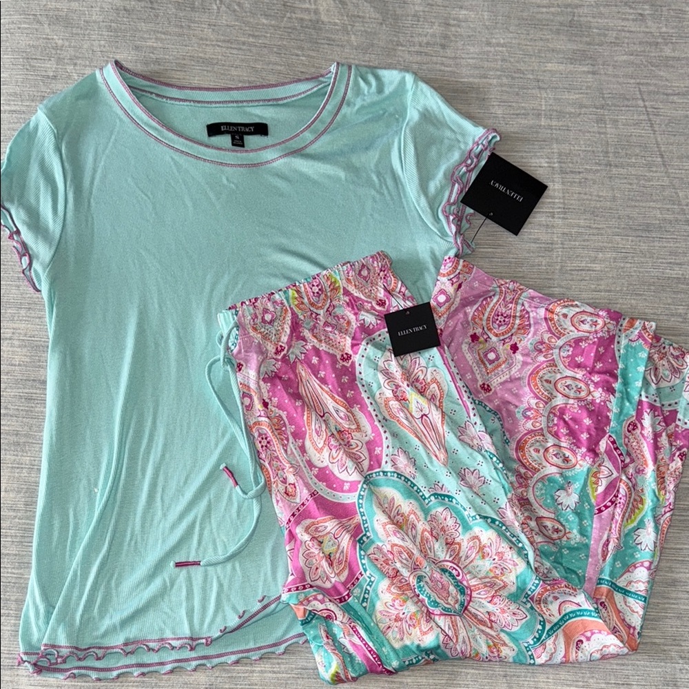 Ellen Tracy Aqua Top and Paisley Pants Set